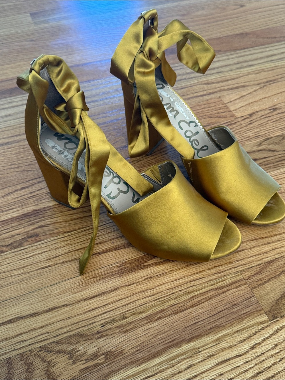 Sam Edelman Odele Satin Mustard Yellow Ankle Tie Block Heels sandals